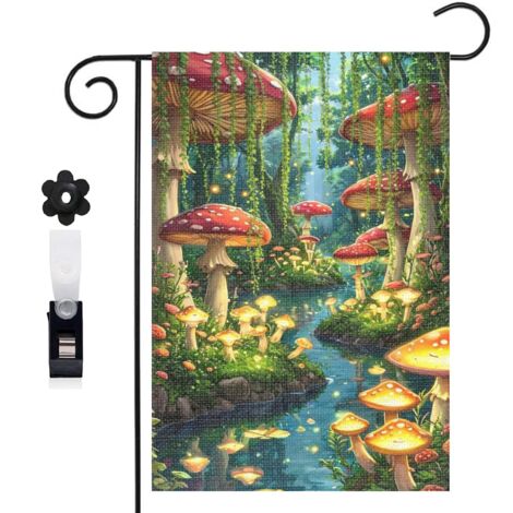 Drapeau de jardin décoratif 30 x 45 cm motif forêt et champignons colorés toile double face extérieure