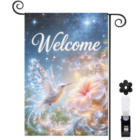 Drapeau de jardin décoratif bienvenue 30 x 45 cm toile lavable double face motif nature fleurs et oiseau pour maison campagne extérieur
