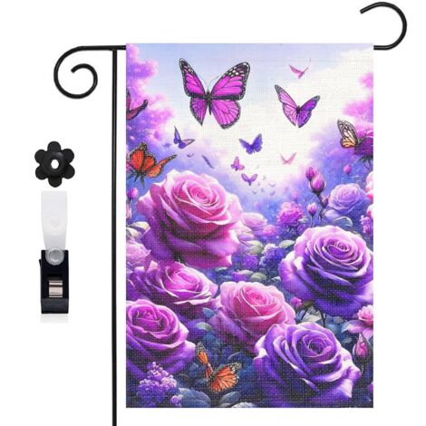 Drapeau de jardin fond violet et composition florale 30 x 45 cm décoration porche et entrée