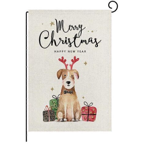 Drapeau de Jardin Joyeux Noël Cadeau Chien Double Face Rustique Hiver Nouvel An Extérieur 12x18
