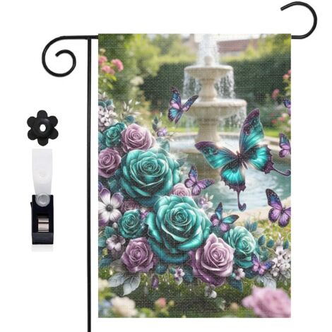 Drapeau de jardin papillons et roses violettes pour l'été 30 x 45 cm décoration cour et balcon