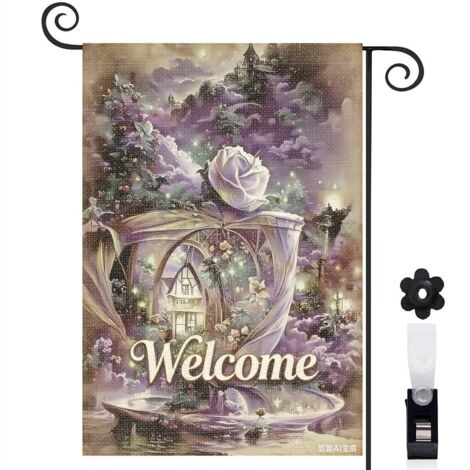 Drapeau de jardin rose violette et château féerique 30 x 45 cm décoration extérieure jardin