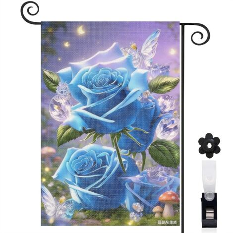 Drapeau de jardin roses bleues cristallines en pot 30 x 45 cm décoration extérieure jardin