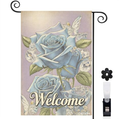Drapeau de jardin roses bleues cristallines et Welcome 30 x 45 cm décoration extérieure jardin