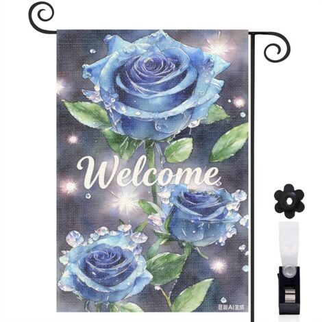 Drapeau de jardin roses bleues et feuilles vertes 30 x 45 cm décoration terrasse et extérieur