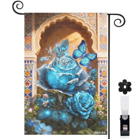 Drapeau de jardin roses bleues et fond sombre 30 x 45 cm décoration terrasse et extérieur