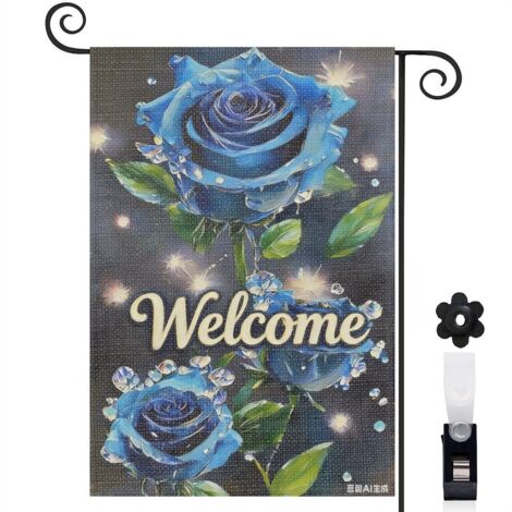 Drapeau de jardin roses bleues et gouttes d'eau 30 x 45 cm décoration maison de campagne