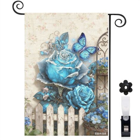 Drapeau de jardin roses bleues et lumières bleues 30 x 45 cm décoration saisonnière jardin