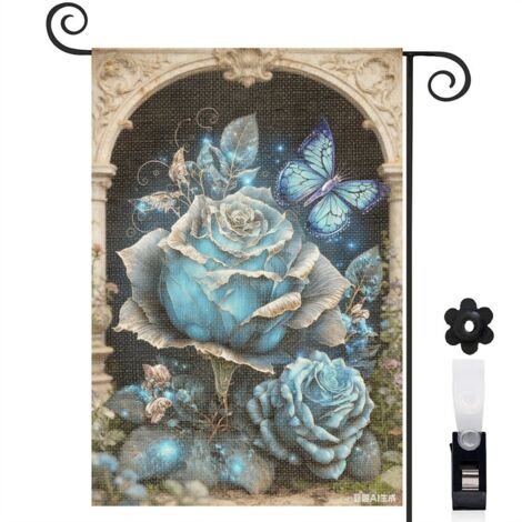 Drapeau de jardin roses bleues et motifs floraux bleus 30 x 45 cm décoration maison de campagne