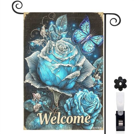 Drapeau de jardin roses bleues et papillons 30 x 45 cm décoration extérieure jardin