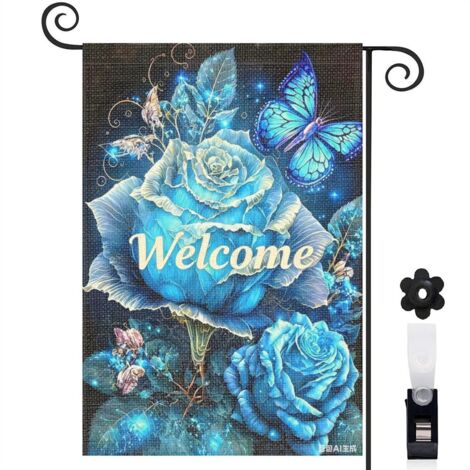 Drapeau de jardin roses bleues et papillons vibrants 30 x 45 cm décoration cour et balcon