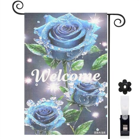 Drapeau de jardin roses bleues scintillantes Welcome 30 x 45 cm décoration extérieure jardin