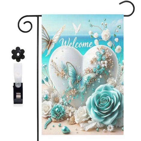 Drapeau de jardin roses turquoise et bord de mer 30 x 45 cm décoration terrasse et extérieur