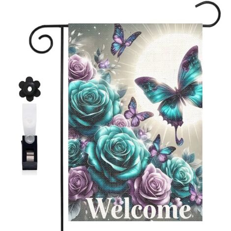 Drapeau de jardin roses turquoise et violettes et papillons 30 x 45 cm décoration extérieure jardin