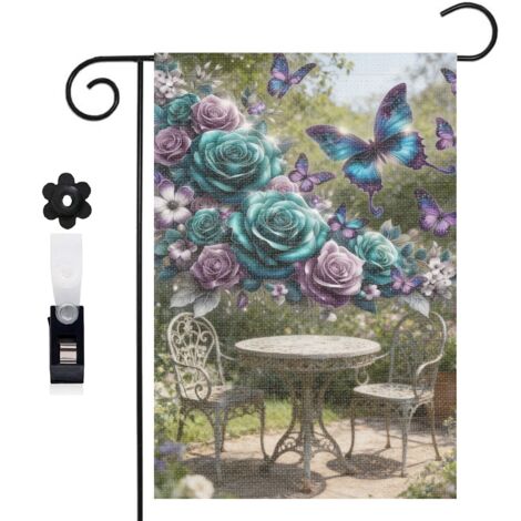 Drapeau de jardin roses turquoise et violettes et Welcome 30 x 45 cm décoration extérieure jardin