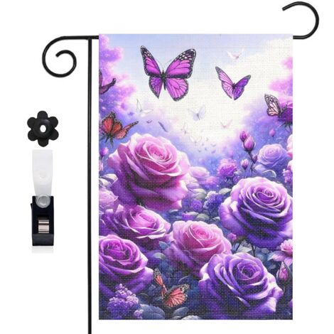 Drapeau de jardin roses violettes et papillons pour l'été 30 x 45 cm décoration cour et balcon
