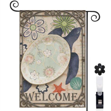 Drapeau de jardin tortue et motif floral 30 x 45 cm décoration terrasse et extérieur