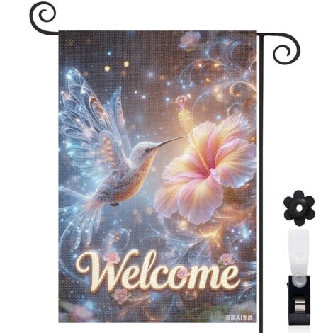 Drapeau de jardin vertical 30 x 45 cm motif fleurs colorées et colibri toile double face résistante décoration extérieure polyvalente