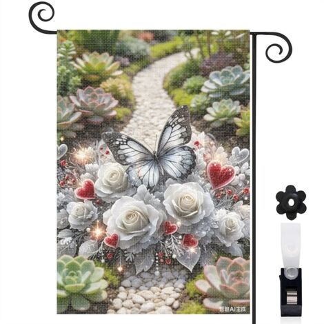 Drapeau de jardin vertical 30 x 45 cm motif papillon et bouquet floral toile double face durable
