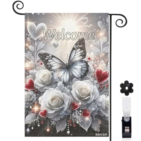 Drapeau de jardin vertical 30 x 45 cm motif papillon et bouquet floral toile double face durable pour extérieur