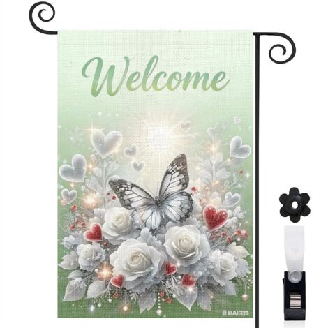 Drapeau de jardin vertical 30 x 45 cm motif papillon et fleurs style romantique toile double face résistante intempéries