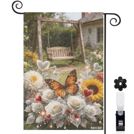 Drapeau de jardin vertical 30 x 45 cm motif papillon et roses blanches toile double face pour extérieur