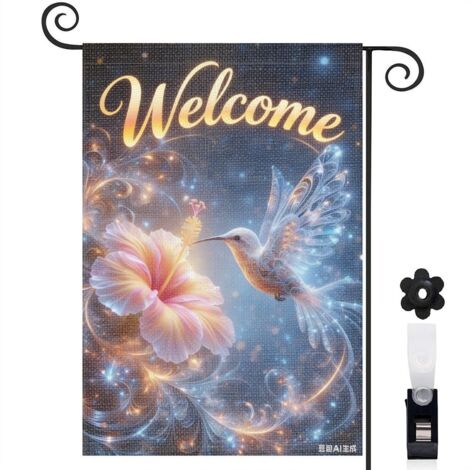 Drapeau de jardin vertical bienvenue 30 x 45 cm en toile résistante double face décoration florale colorée pour cour balcon et entrée