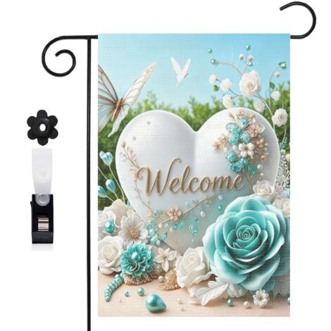 Drapeau de jardin Welcome et composition de fleurs bleues 30 x 45 cm décoration porche et entrée