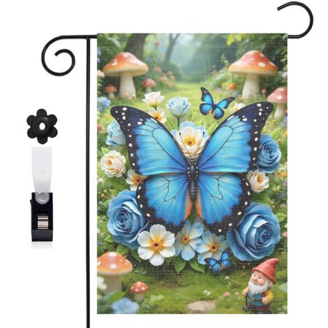 Drapeau de jardin Welcome et composition florale bleue 30 x 45 cm décoration terrasse et extérieur