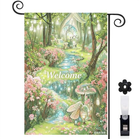 Drapeau de jardin Welcome lumières dorées et forêt hivernale 30 x 45 cm décoration porche et entrée