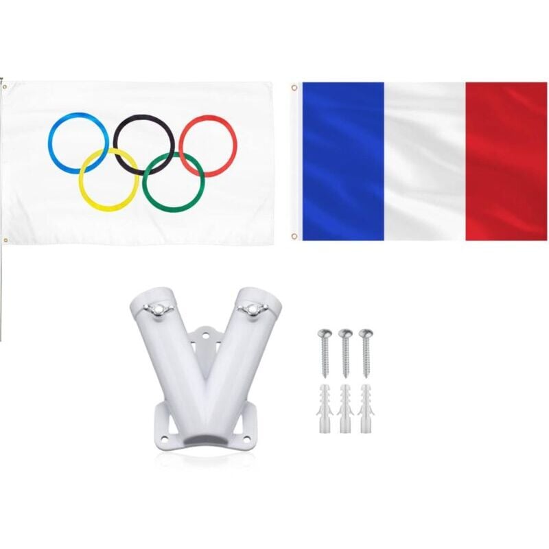 SNQ - Drapeau olympique + drapeau français + support de mât double, support de drapeau mural en alliage d'aluminium robuste en forme de v, support de
