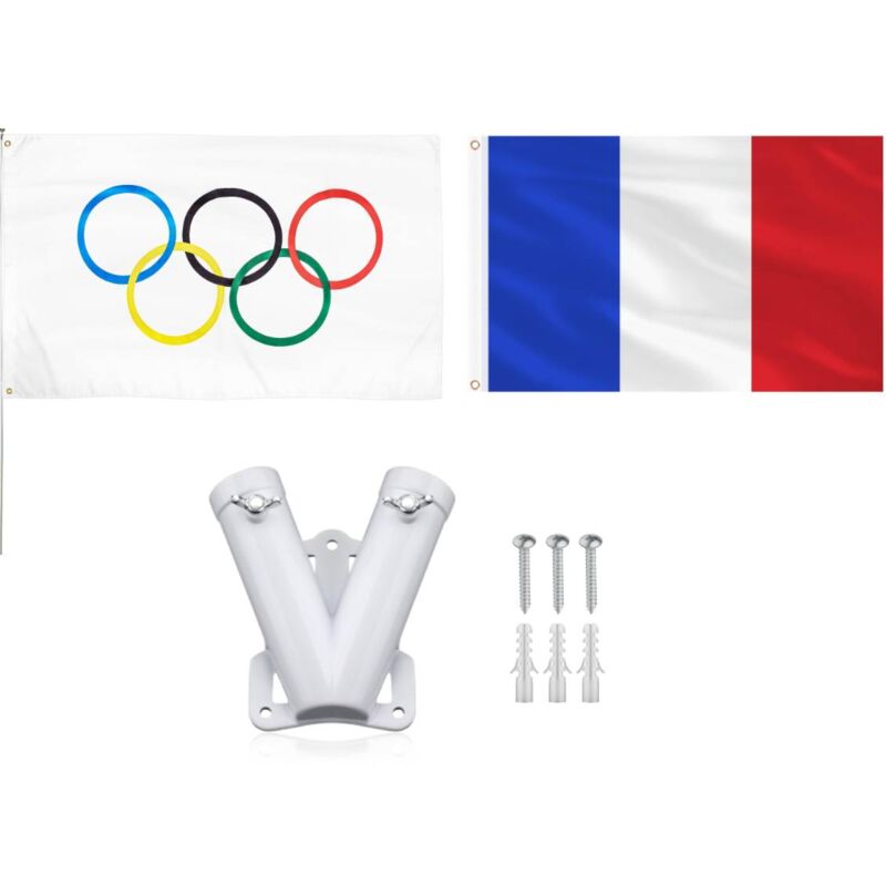 Drapeau olympique + drapeau français + support de mât double, support de drapeau mural en alliage d'aluminium robuste en forme de v, support de