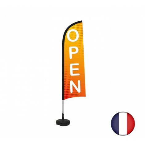 Drapeau OPEN de dimensions 230 x 70 cm avec son kit socle plastique et mât
