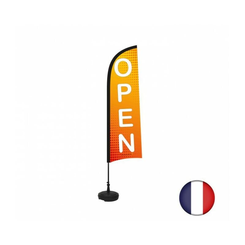 Drapeau open de dimensions 230 x 70 cm avec son kit socle plastique et mât