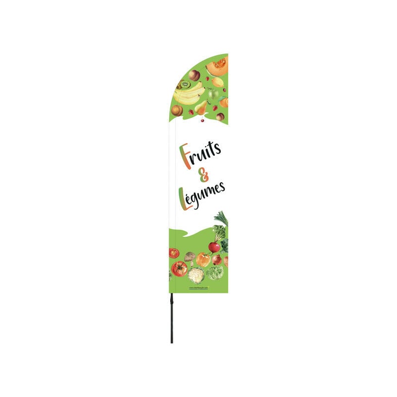 Interface Plv - Drapeau publicitaire 'Fruits & Légumes' de dimensions 255 x 60 cm avec mât