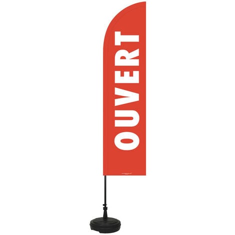 INTERFACE PLV Drapeau publicitaire "OUVERT" de dimensions 255 x 60 cm avec son kit socle plastique et mât