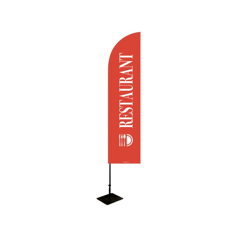 Interface Plv - Drapeau publicitaire 'restaurant' de dimensions 255 x 60 cm avec Kit mât et platine métallique