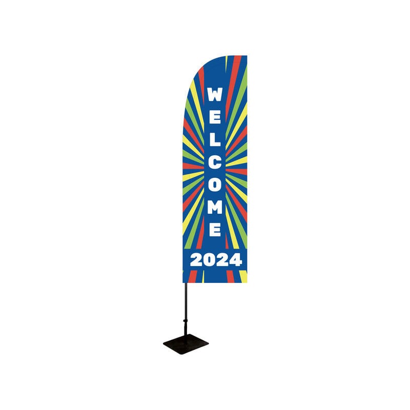 Drapeau publicitaire 'welcome 2024' de dimensions 255 x 60 cm avec Kit mât et platine métallique - Multicolour