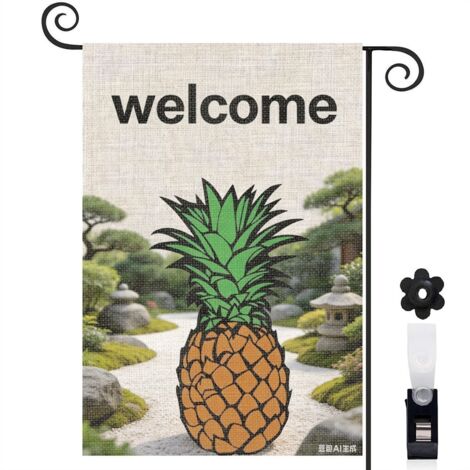Drapeau vertical ananas et néon Welcome 30 x 45 cm décoration saisonnière cour