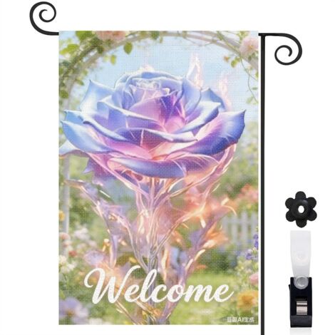 Drapeau vertical arche de jardin et rose bleue violette 30 x 45 cm décoration jardin d'été