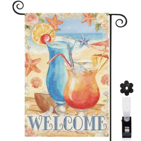Drapeau vertical boissons glacées et fleurs d'été 30 x 45 cm décoration pour jardin