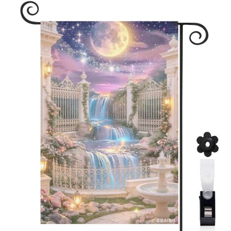 Drapeau vertical cascade encre et lune magique 30 x 45 cm décoration jardin d'été