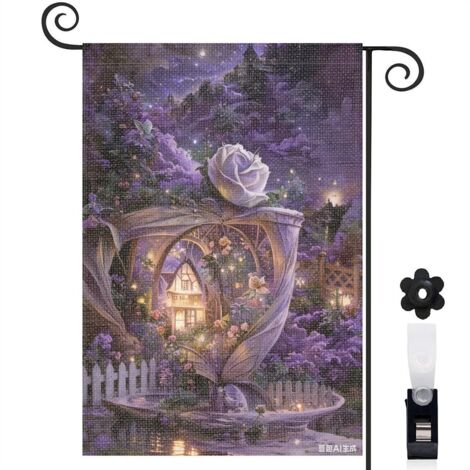 Drapeau vertical ciel violet et château enchanteur 30 x 45 cm décoration jardin d'été