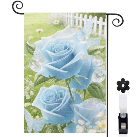Drapeau vertical clôture blanche et roses bleues 30 x 45 cm décoration saisonnière cour