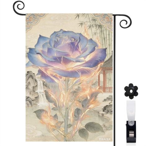 Drapeau vertical clôture en bois et rose aquarelle 30 x 45 cm décoration saisonnière cour