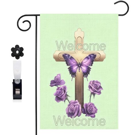 Drapeau vertical composition de croix et papillon violet 30 x 45 cm décoration saisonnière extérieure