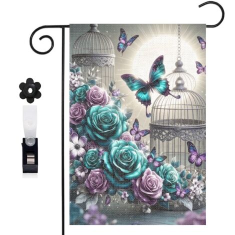 Drapeau vertical composition florale et Welcome doré 30 x 45 cm décoration saisonnière extérieure