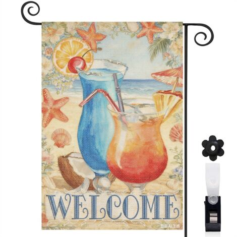 Drapeau vertical de jardin motifs de boissons et de plage 30 x 45 cm décoration saisonnière