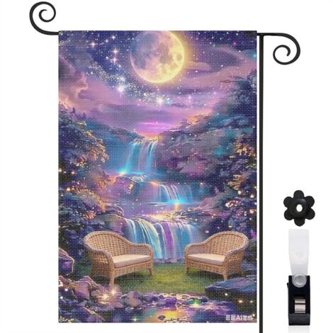 Drapeau vertical étoiles et cascade enchantée 30 x 45 cm décoration jardin d'été
