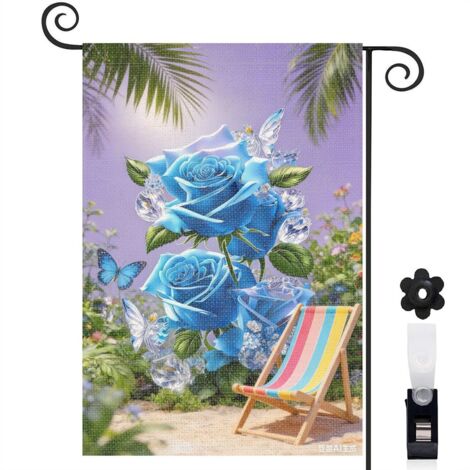 Drapeau vertical fond violet et roses bleues magiques 30 x 45 cm décoration saisonnière cour
